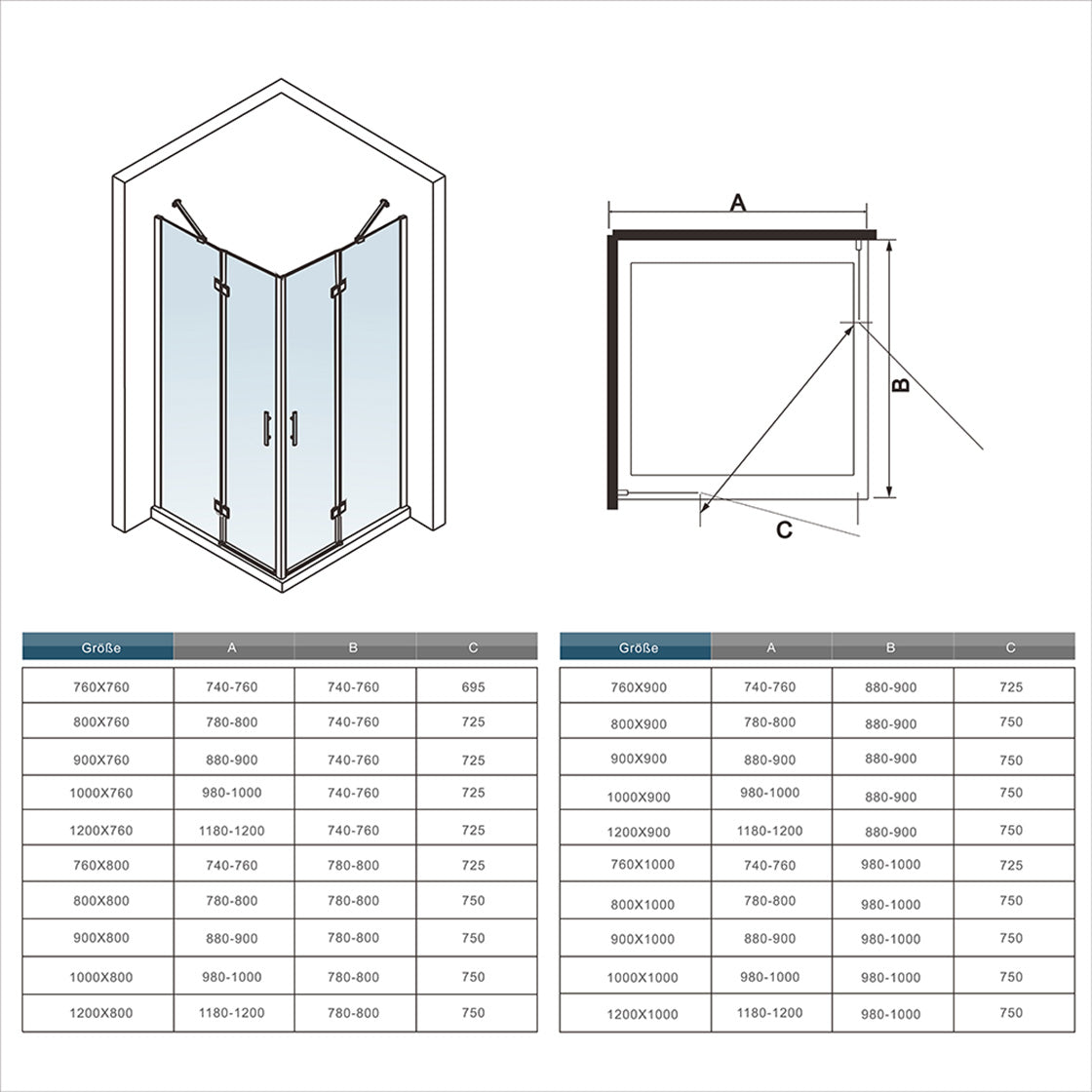 Mamparas de Ducha Angular Cabina de Ducha Doble Puerta Abatible Cristal Templado 6mm