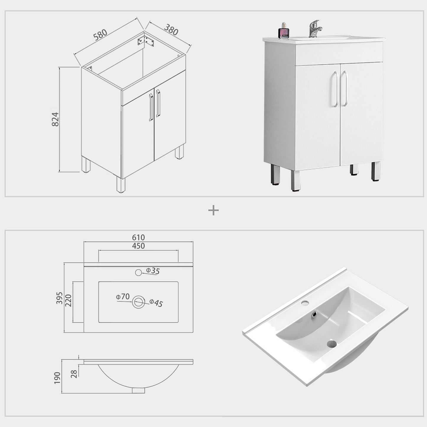 Armario de baño de Pie con Dos Puertas580x380x824mm, Mueble de baño con Lavabo de Porcelana610x395x18mm, Color blanco