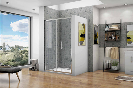 liquidacion Mampara de Ducha Frontal, Doble Puerta Corredera, Doble Puerta Fija, compuesto de 4 puertas, Vidrio templado 5mm