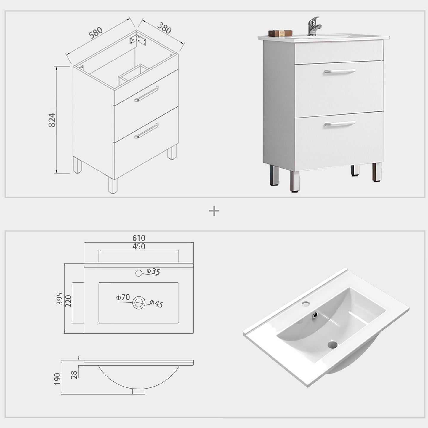 Armario de baño de Pie con Dos Cajones580x380x824mm, Mueble de baño con Lavabo de Porcelana610x395x18mm, Color blanco