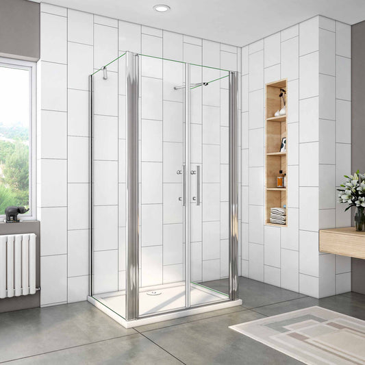 CABINA DE DUCHA , EN FORMA U, LATERALES FIJOS,FRONTAL DE DOS HOJAS ABATIBLES, 6MM EASYCLEAN CRISTAL TEMPLADO, TRATAMIENTO ANTICAL