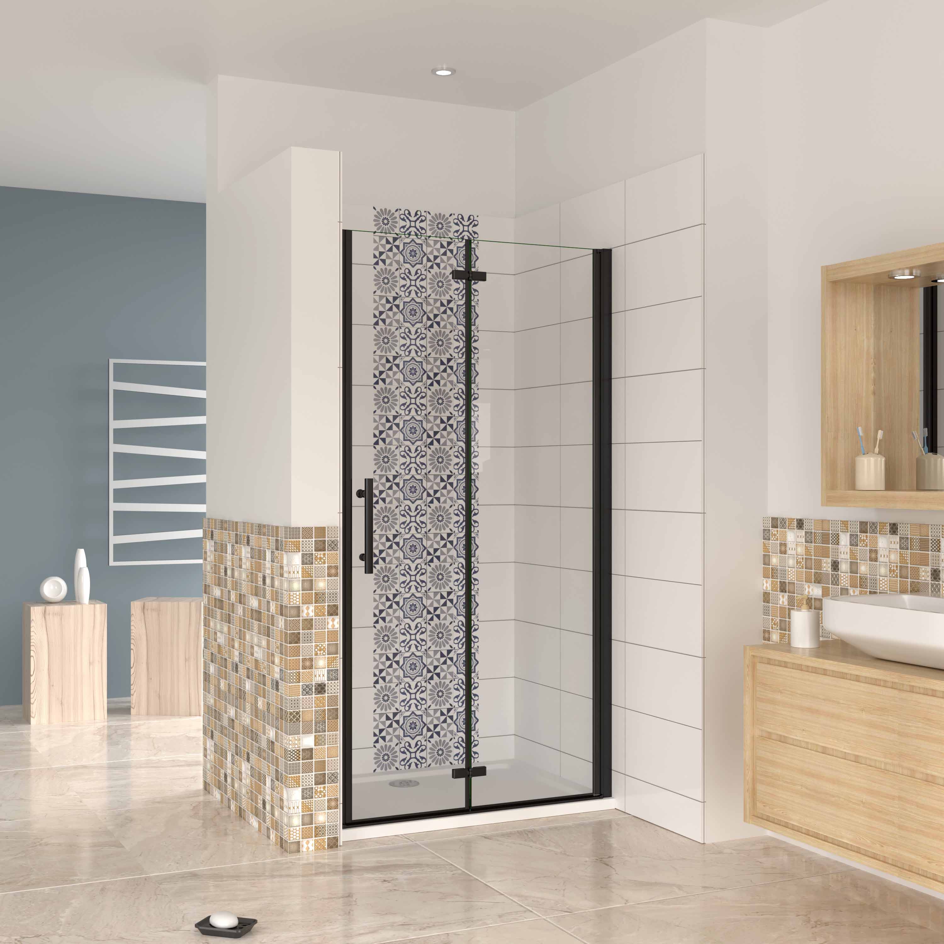 Mampara de ducha cuadrada ,frontal 2 hojas plegables + panel fijo lateral  Cristal Templado 5mm, 760X900X1850mm