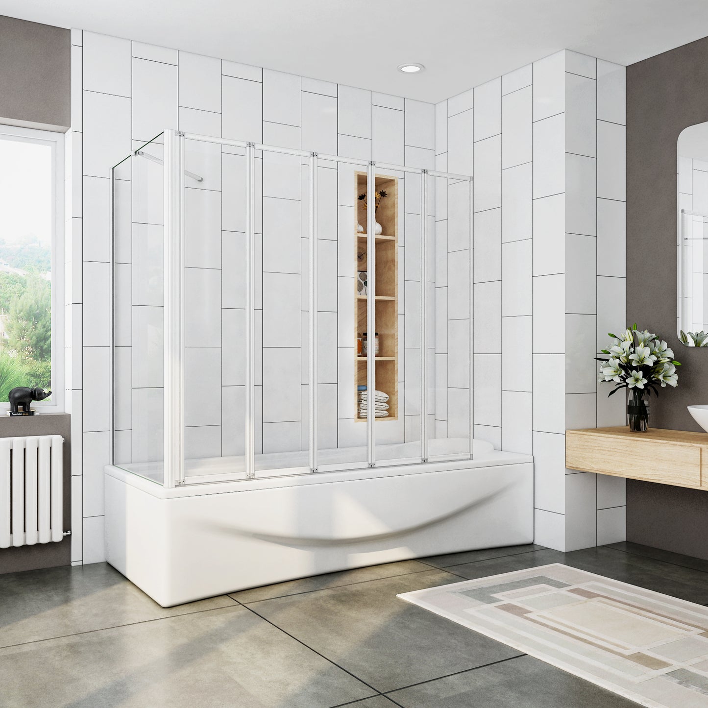 Mamparas de Bañera Biombo Plegable Cristal 4mm Gris Mate - 2 hojas(4 hojas, 5hojas opcional ) plegable+lateral fijo 120x70x140cm(5 hojas)