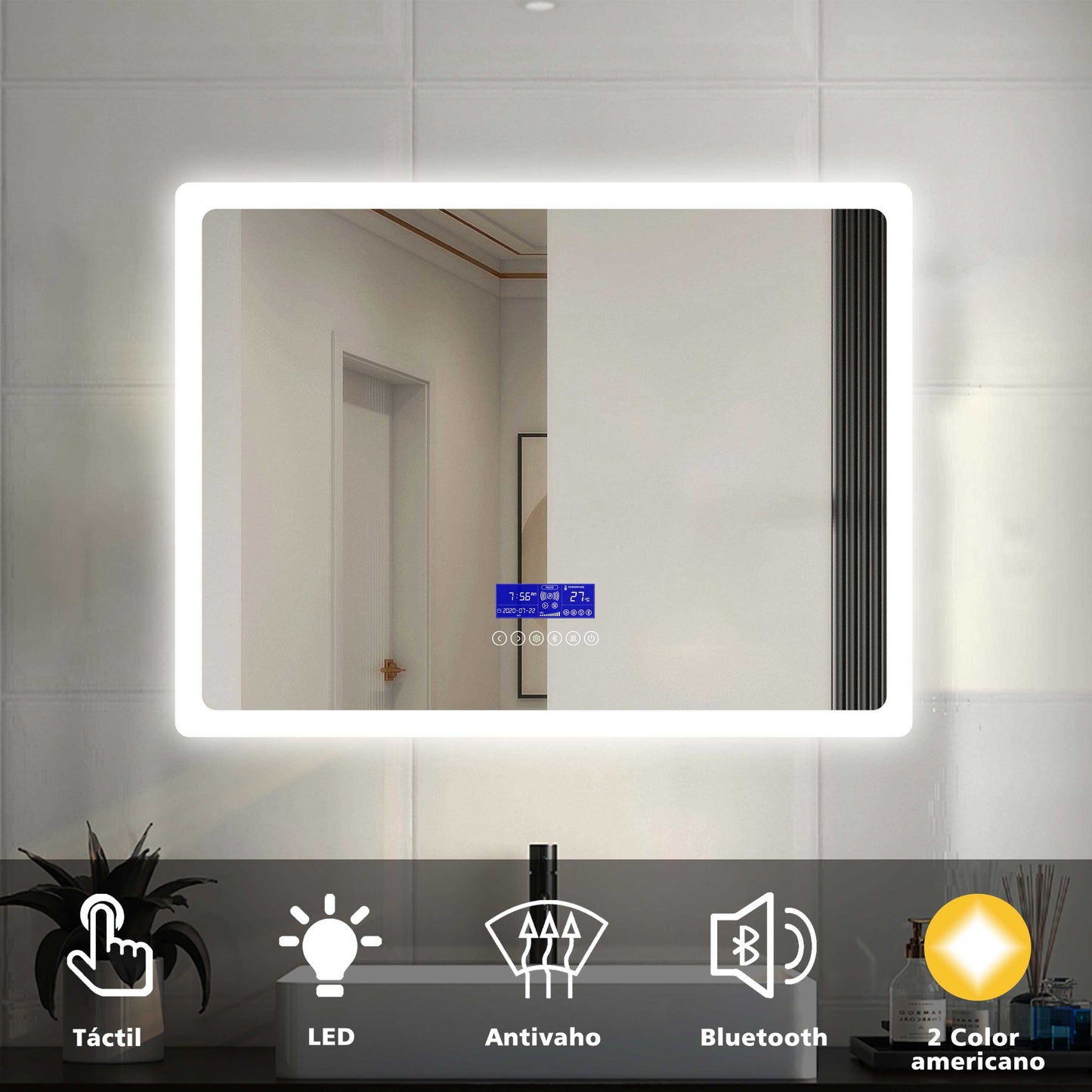 Bluetooth Espejo LED Iluminado para baño, Antivaho. Espejo Bluetooth Iluminado con Retroiluminación Luz Ajustable 2700k-6000k, A+