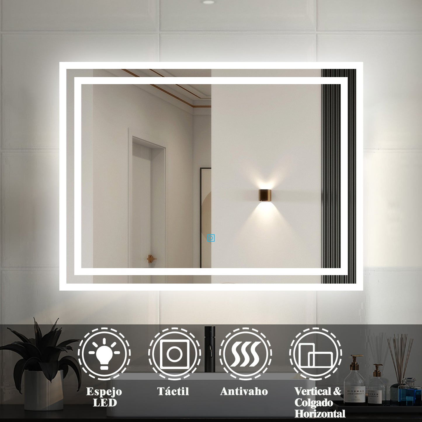 Espejo Led Baño de Pared Ducha con Interruptor de Sensor Táctil Antivaho