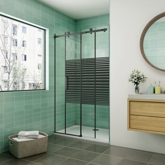 Mampara de ducha 200cm corredera Mampara de ducha PERFIL NEGRO MATE Vidrio templado Serigrafiado 8 MM Antical