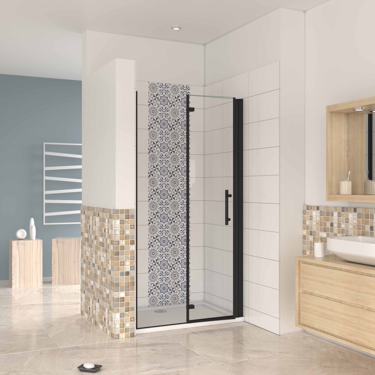 Mampara ducha frontal baño dos puerta plegable con perfil negro mate ,estilo industrial, 5 mm cristal templado, Easyclean, altura 190 cm