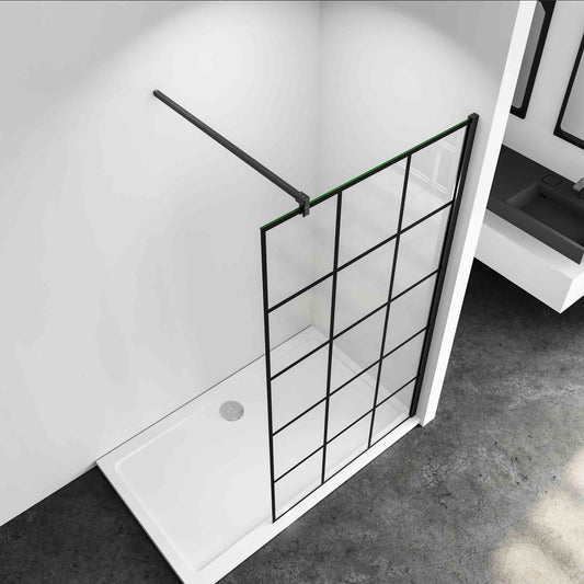Mamparas de ducha pantalla panel fijo estilo industrial negro mate con cuadrados cristal antical 8mm con Barra