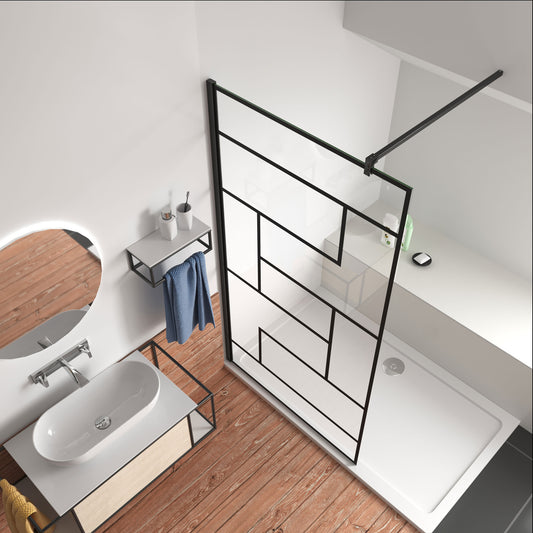 Mamparas de Ducha Pantalla Panel Fijo estilo industrial negro mate Con Cuadrados Cristal Antical 8mm Barra