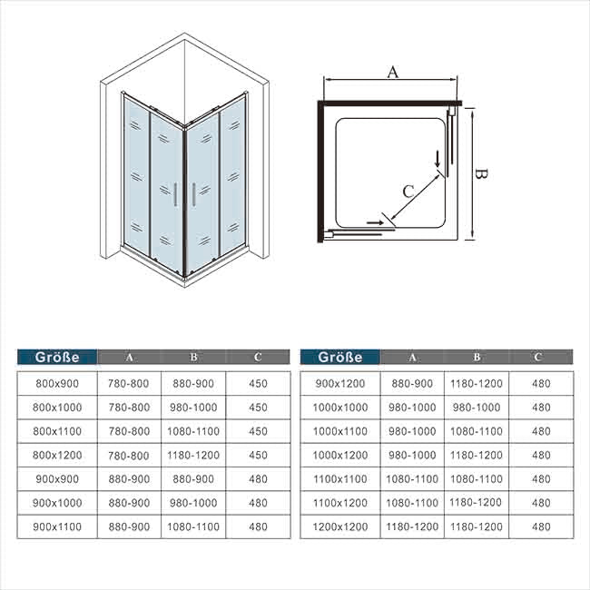 185 cm de altura Mampara de ducha de Puertas Correderas apertura Central