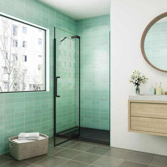 Mampara de ducha abatible,frontal 2 hojas con antical,perfilería negra mate,estilo industrial,Cristal templado de 8 mm,incluye barra de soporte 30 cm