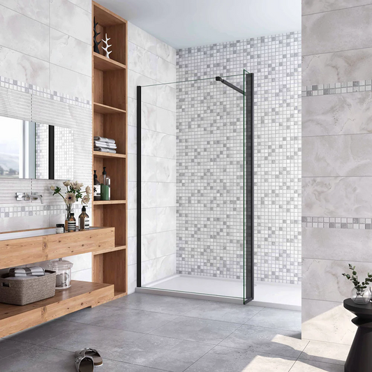 Walkin Mampara Panel de ducha 2 hojas Panel fijo+Lateral giratorio Vidrio 8mm Antical con Barra Negra mate