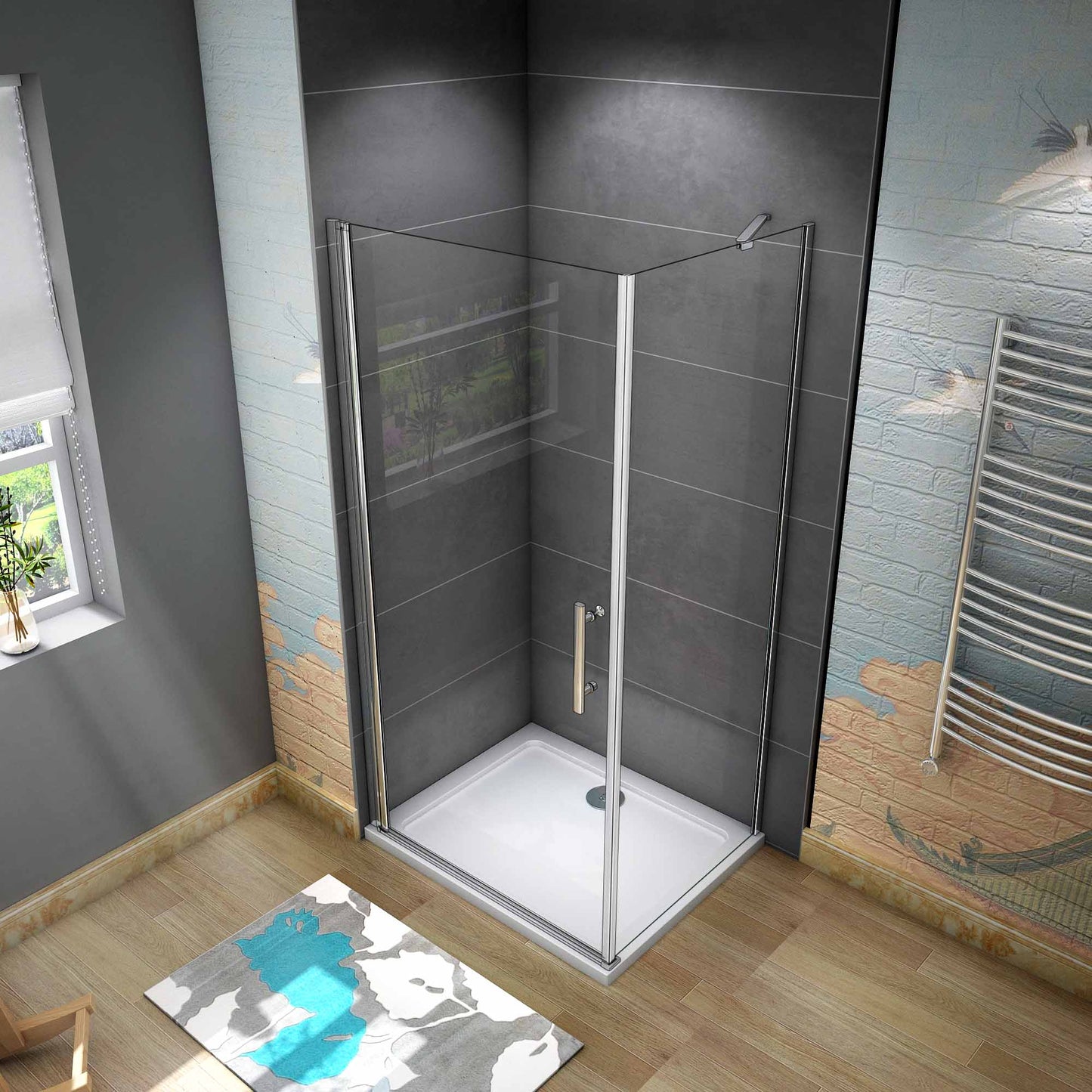 Cabina de Ducha Puerta Abatible 185/195 CM Panel con Barra de 45 CM, Cristal Transparente 6 MM Antical Easy-Clean