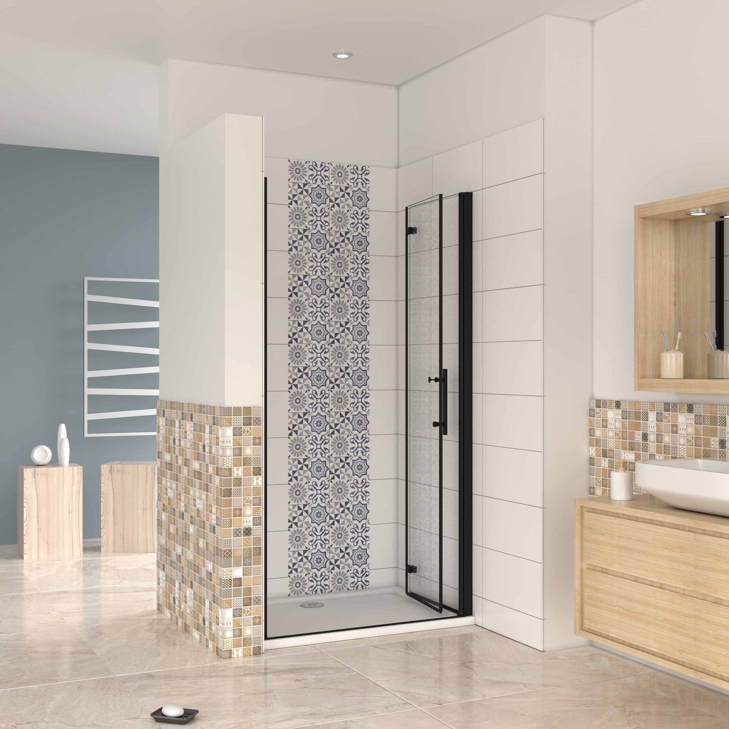 Mampara ducha frontal baño dos puerta plegable con perfil negro mate ,estilo industrial, 5 mm cristal templado, Easyclean, altura 190 cm