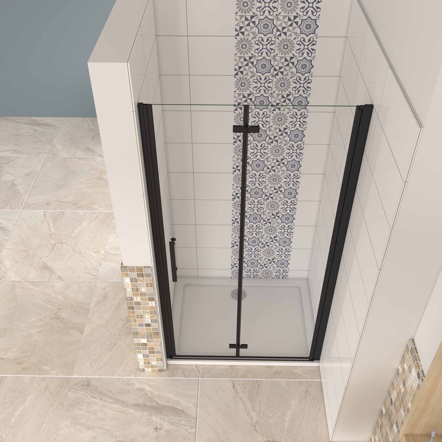 Mampara ducha frontal baño dos puerta plegable con perfil negro mate ,estilo industrial, 5 mm cristal templado, Easyclean, altura 190 cm