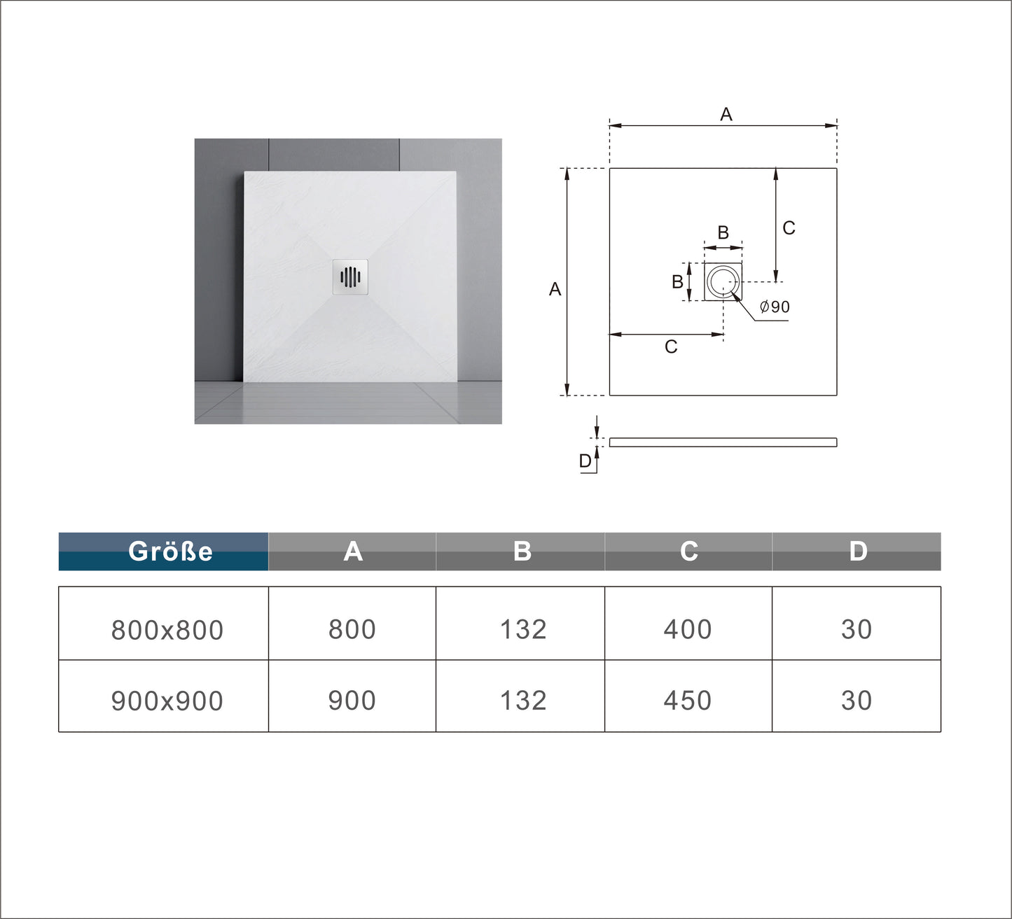Plato de ducha AICA blanco textura pizarra+ Accesorios de desagüe con tapa acero inoxidable de forma rejilla (juegos incluidos)