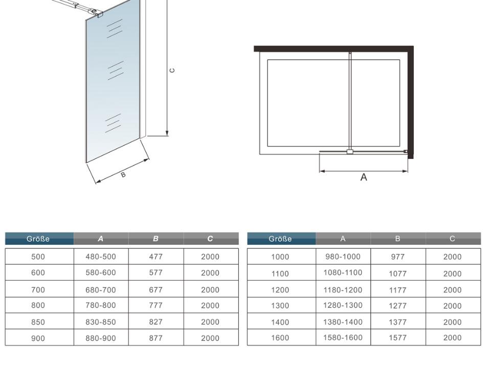 Mampara walk-in, Mampara de ducha fija de,Vidrio templado de 8mm tratamiento antical/Easyclean