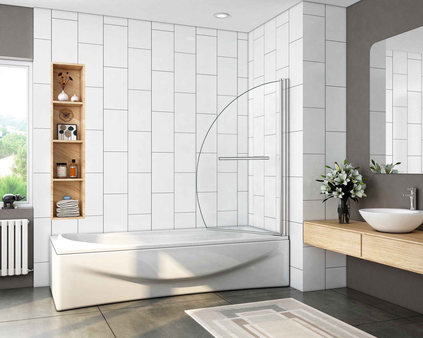 liquidacion Mampara de bañera en forma media luna, vidrio transparente templado con tratamiento antcial 8mm