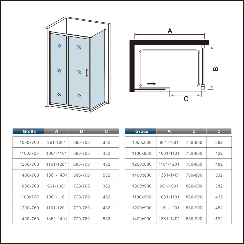 Cabina de Ducha Rectangular Puerta Corredera Cristal Templado 5 MM