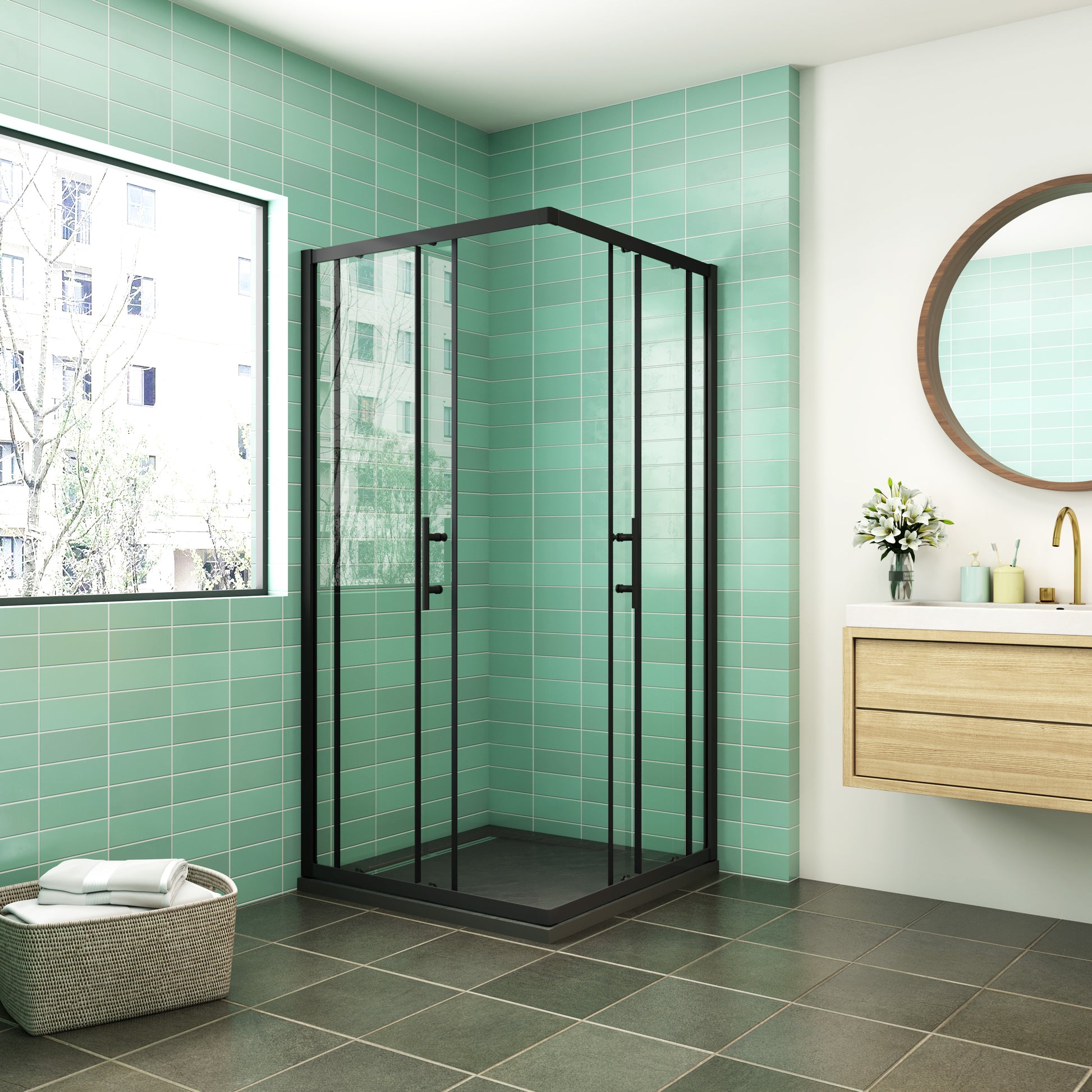 CABINA DE DUCHA DE ESQUINA CORREDERA ANTICAL 6MM CON PERFILERIA NEGRA MATE ALTURA DE 190 CM,ENTRADA ESQUINA