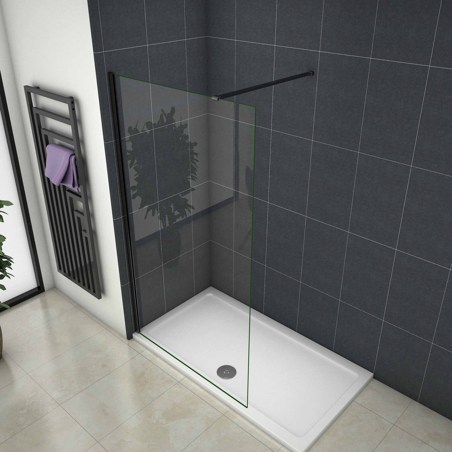 Mamparas de Ducha Pantalla Panel Fijo Perfil Negro Mate Cristal Antical 8mm Barra2 90cm