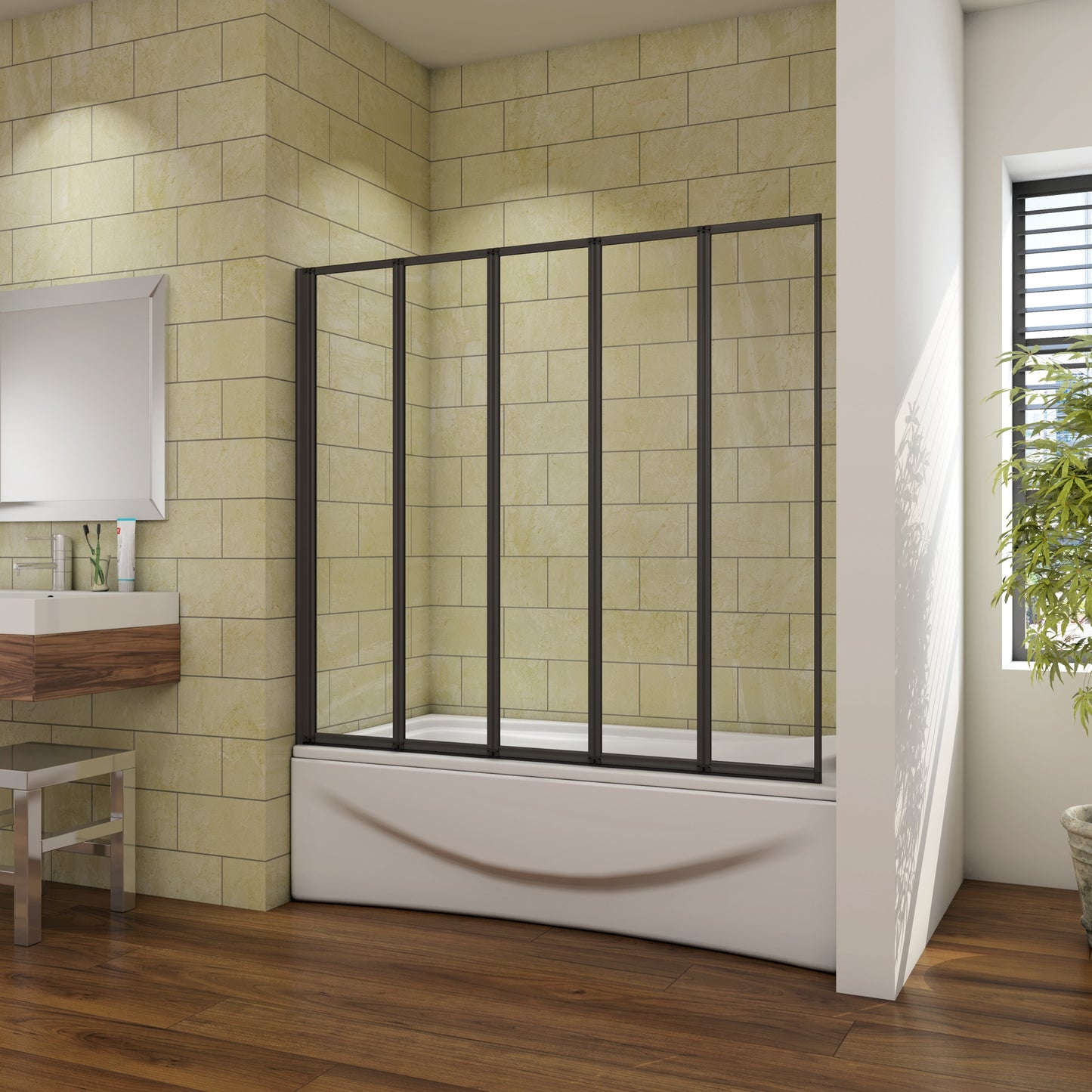 Mamparas Bañera Tina Pantalla Cristal 4mm Biombo 5 veces Plegable vidrio templado Perfil Negro Mate Baño Ducha 120x140cm