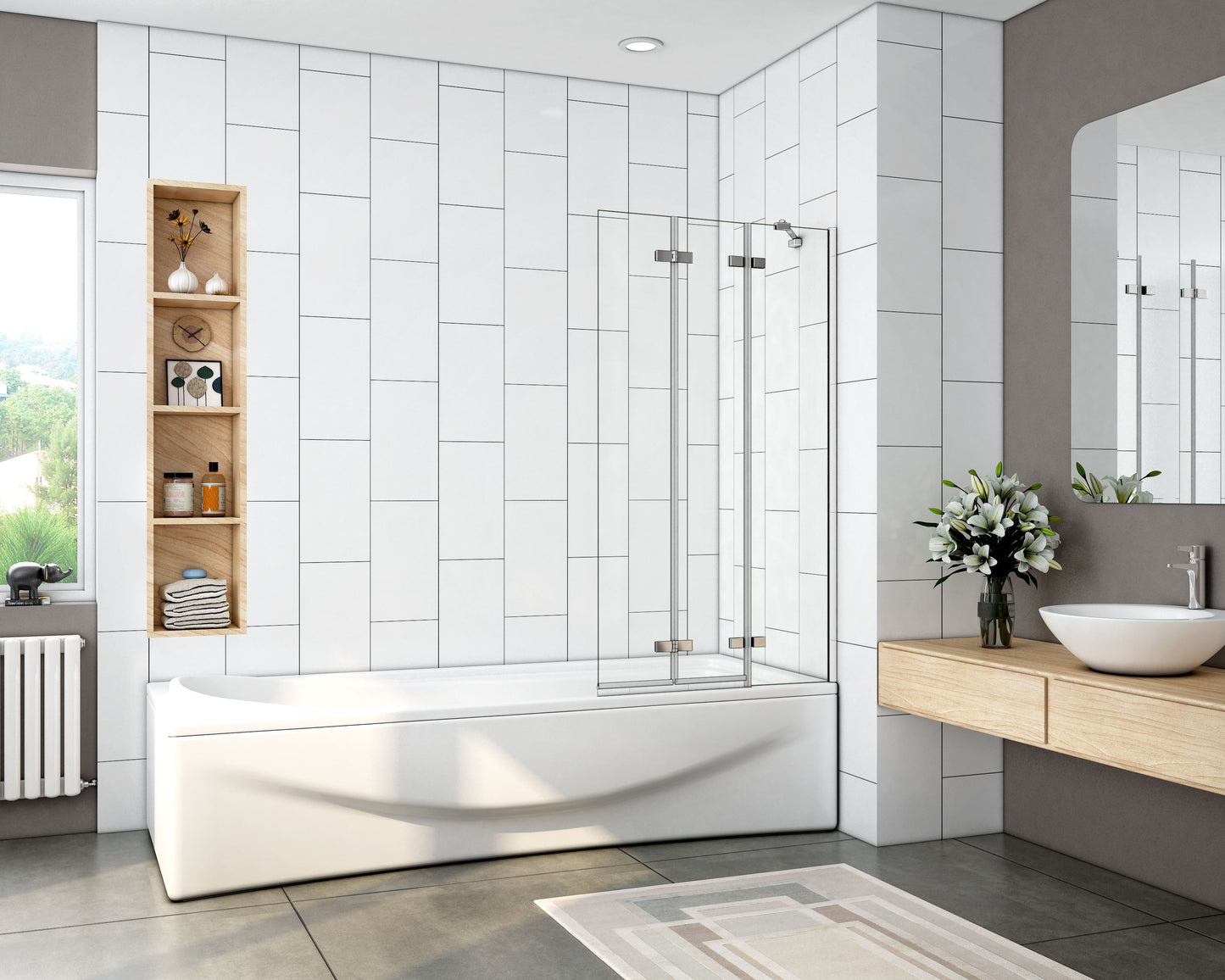 Mamparas de Bañera Biombo Plegable Cristal 6mm 3 veces plegable 100x140cm+Barra