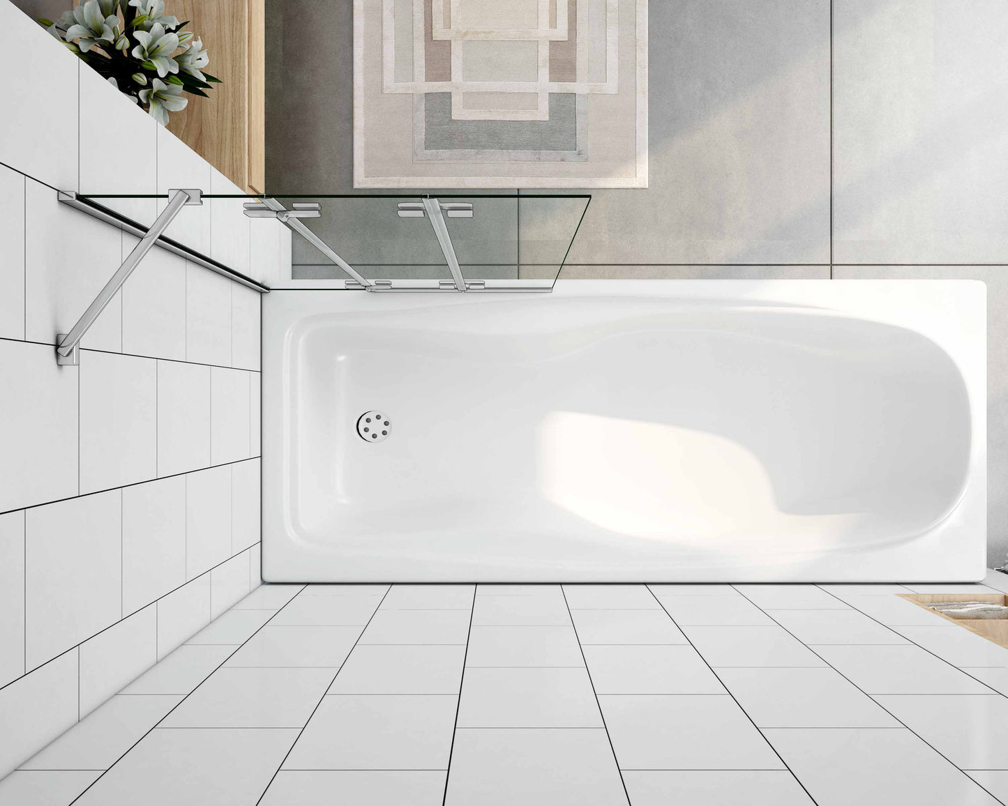 Mamparas de Bañera Biombo Plegable Cristal 6mm 3 veces plegable 100x140cm+Barra