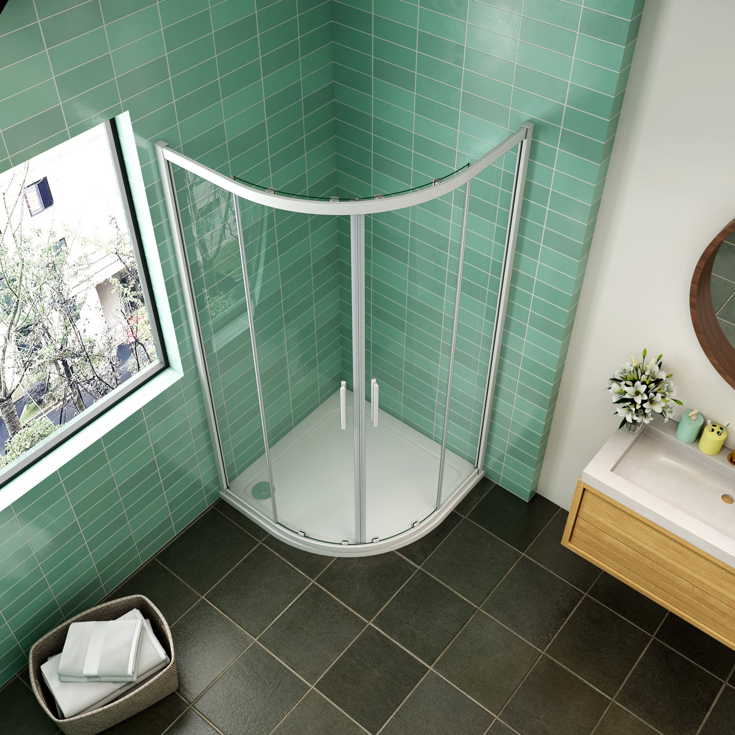 Mamparas Cabina de ducha Semicircular con Puerta Corrediza de 8 ruedas vidrio templado 5mm