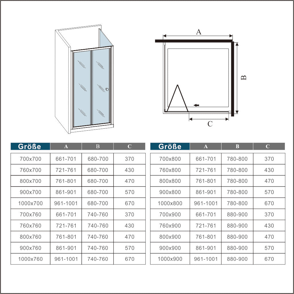 Mampara de Ducha Plegables ,frontal 2 hojas plegables + panel fijo lateral Cristal Templado 5mm