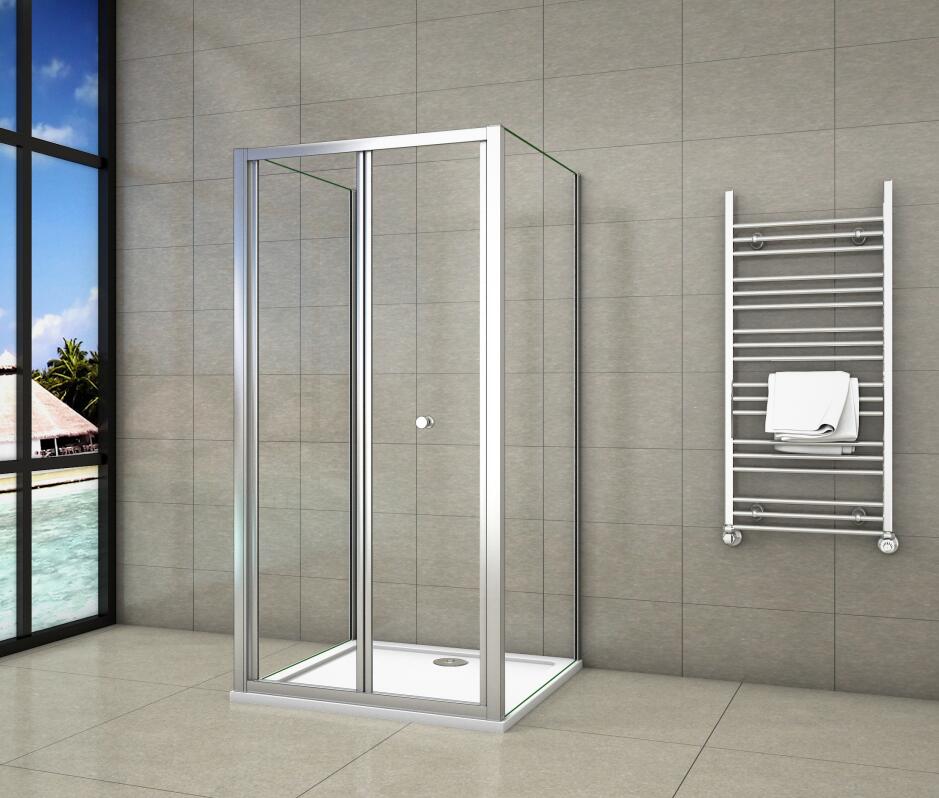 Mampara de ducha cuadrada con puerta plegable, una puerta plegable + 2 paneles laterales, vidrio templado de transparente 5mm