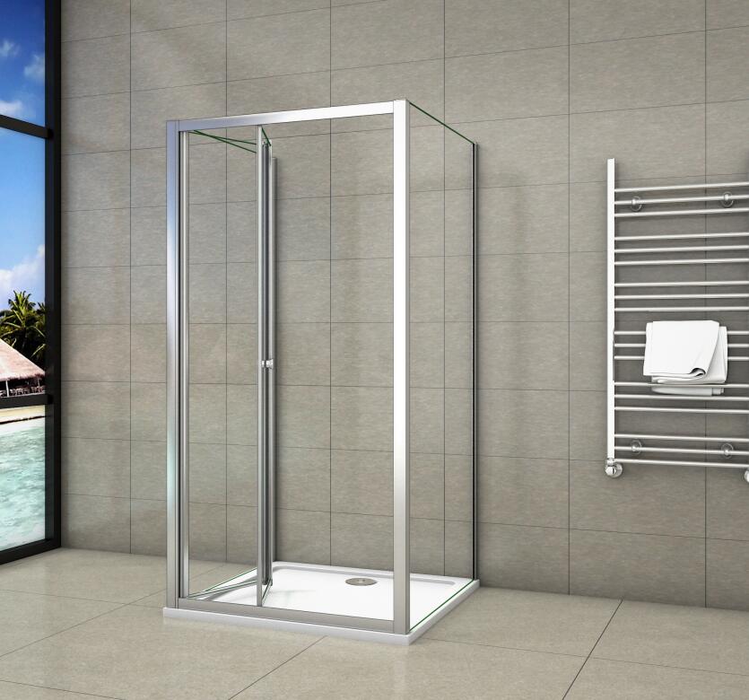 Mampara de ducha cuadrada con puerta plegable, una puerta plegable + 2 paneles laterales, vidrio templado de transparente 5mm