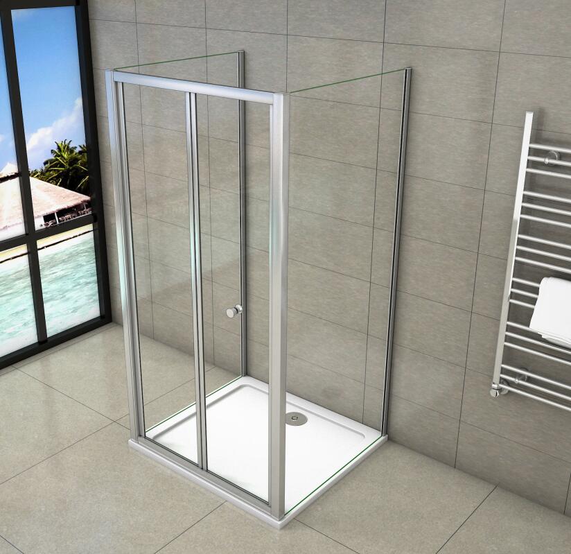 Mampara de ducha cuadrada con puerta plegable, una puerta plegable + 2 paneles laterales, vidrio templado de transparente 5mm