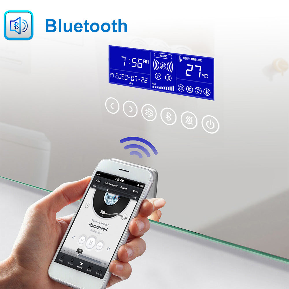 Bluetooth Espejo LED Iluminado para baño, Antivaho. Espejo Bluetooth Iluminado con Retroiluminación Luz Ajustable 2700k-6000k, A+