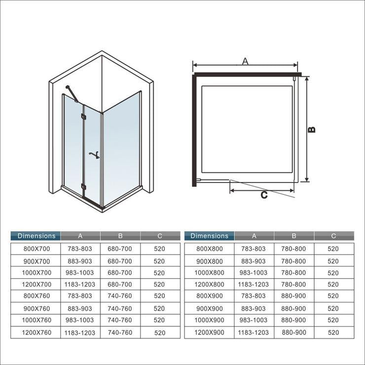 Mamparas Angular Abatible, Cabina de Ducha, Frontal 80cm Cristal Templado 6mm + Lateral Fijo 80cm Cristal 5mm Antical, Barra