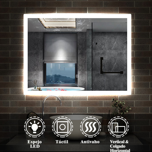 Espejo Regulable de Hogar/de Baño con Función Antiniebla + Brillo LED Envolvente Blanco Frío + Interruptor Táctil