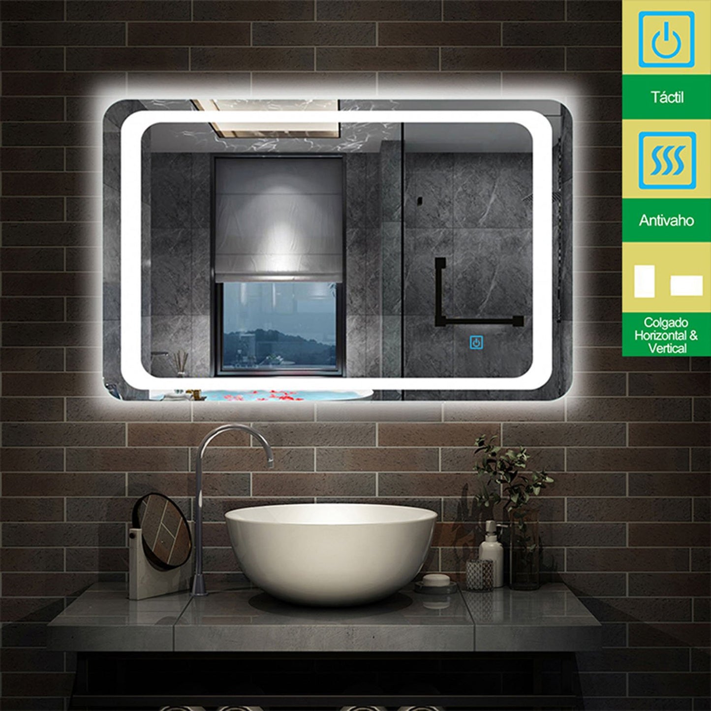 Espejo de para baño led(Birllo LED envolvente) anti-niebla horizontal interruptor de sensor de un toque