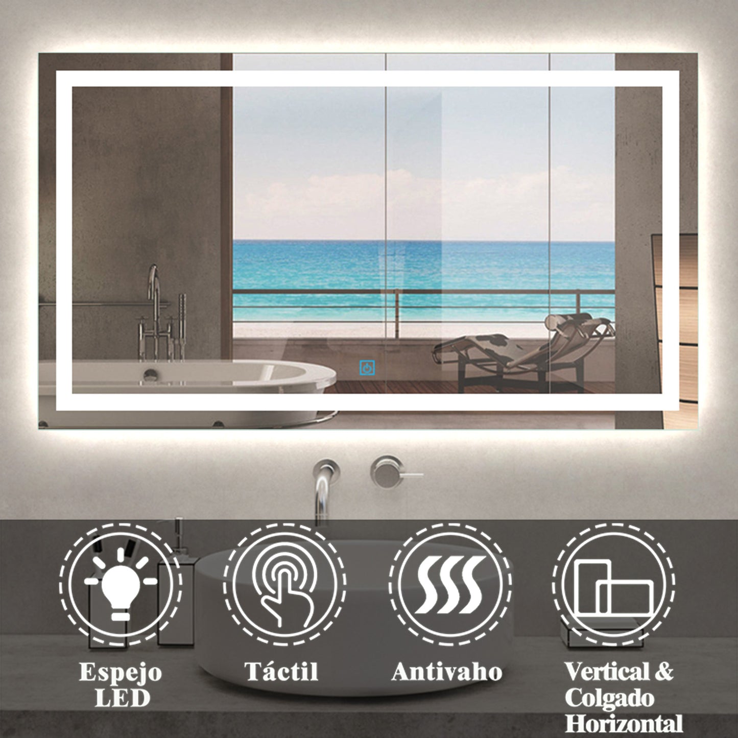 Espejo de Baño Iluminado LED(Brillo LED Envolvente), Sensor Táctil, Desempañador Antivaho, Vertical o Horizontal