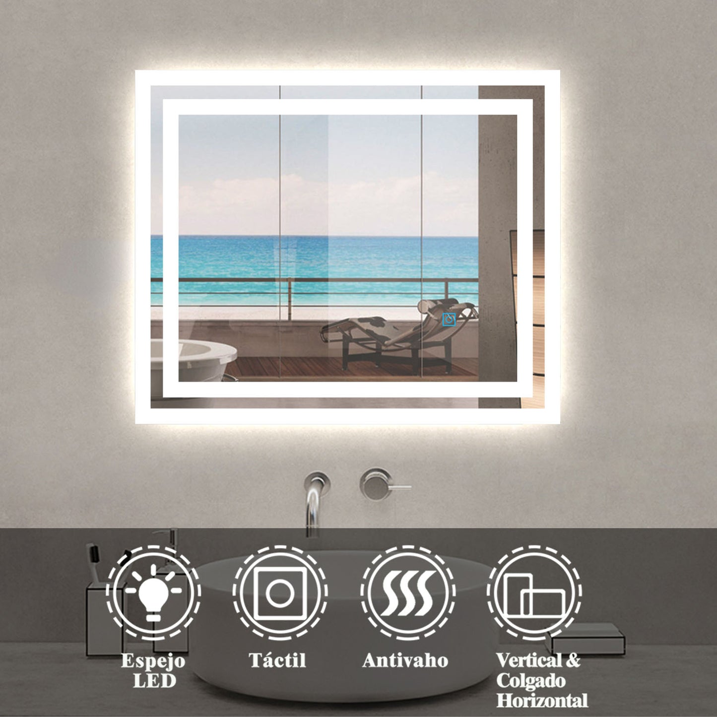 60×50CM Espejo de Baño con Lámpara LED Luz Espejo Interruptor Táctil con Antiniebla Montado en Pared