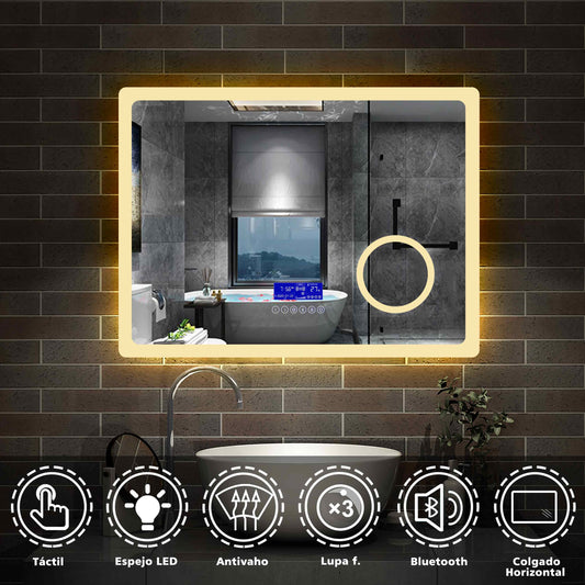 Espejo de Baño con Iluminación Luz LED Luces Varias(Blanco/Neutro/Amarillo) y Ajustación. Espejo de Baño LED con Lupax3. Espejo Led Antivaho con Control Táctil en Pantalla