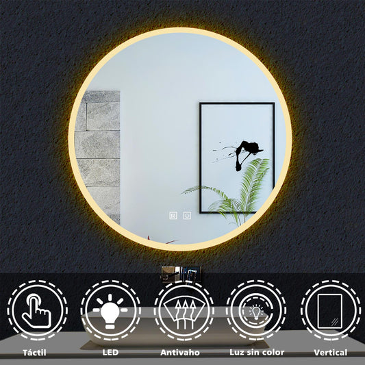 60/70/80cm Espejo Baño con Iluminación LED Redondo 3 Luces(Brillo LED Envolvente), Dos Botón Táctil con Antivaho