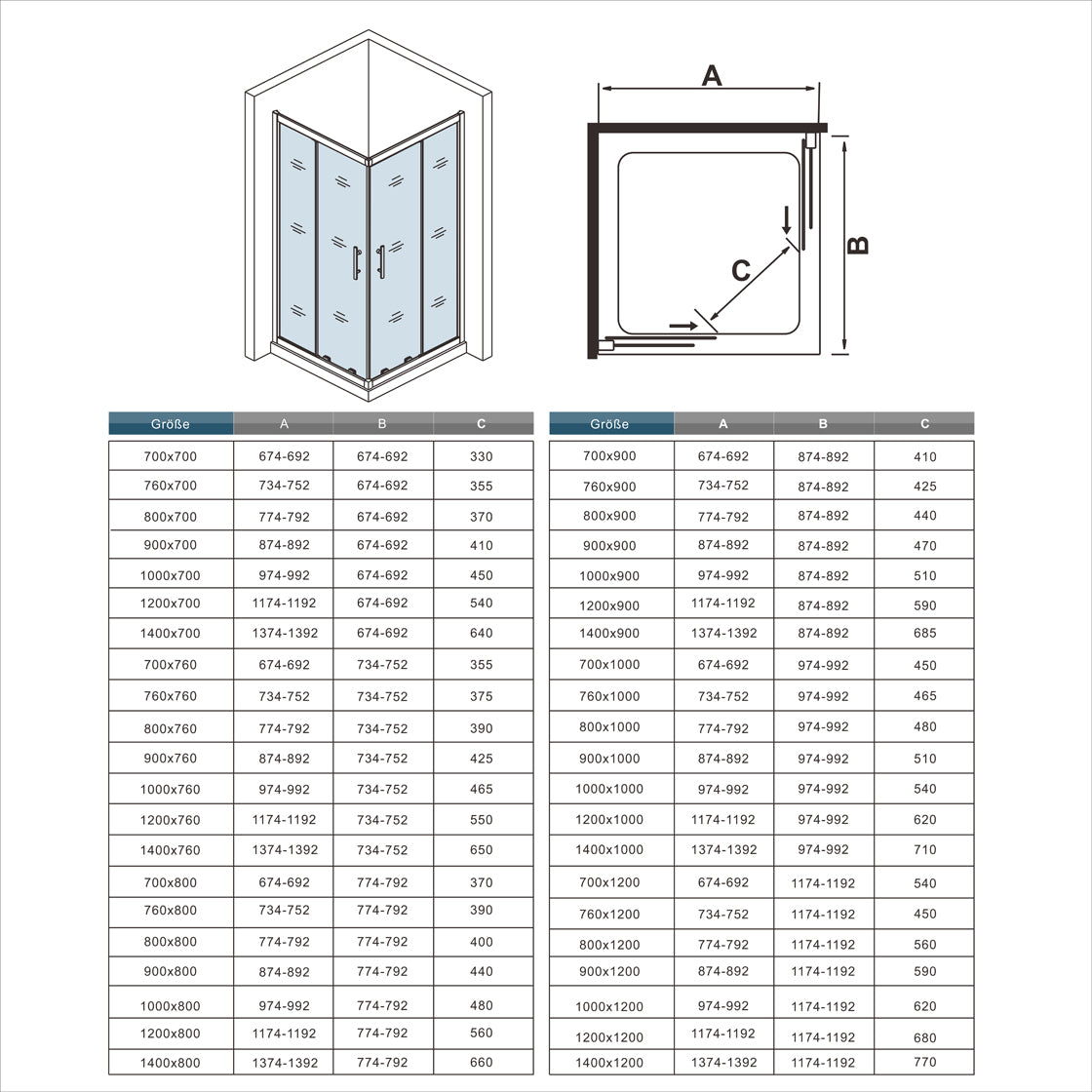 Mamparas de Ducha 2 Fijas + 2 Corredizas Puertas Corredera de Baño cristal vidrio templado 6mm
