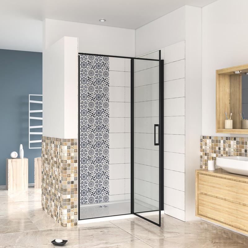 185CM Mampara de ducha abatible,frontal 2 hojas con antical,perfilería negra mate,estilo industrial,Cristal templado de 6 mm
