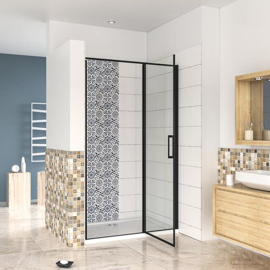 185CM Mampara de ducha abatible,frontal 2 hojas con antical,perfilería negra mate,estilo industrial,Cristal templado de 6 mm