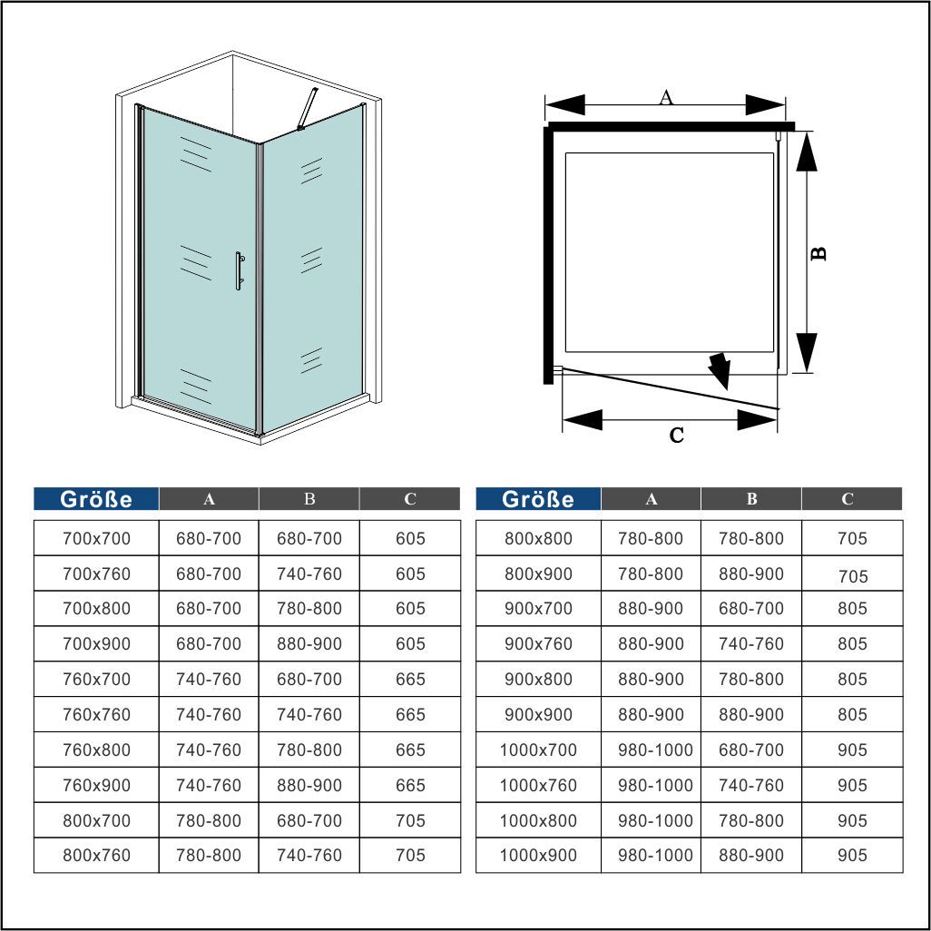 Cabina de Ducha Puerta Abatible 185/195 CM Panel con Barra de 45 CM, Cristal Transparente 6 MM Antical Easy-Clean
