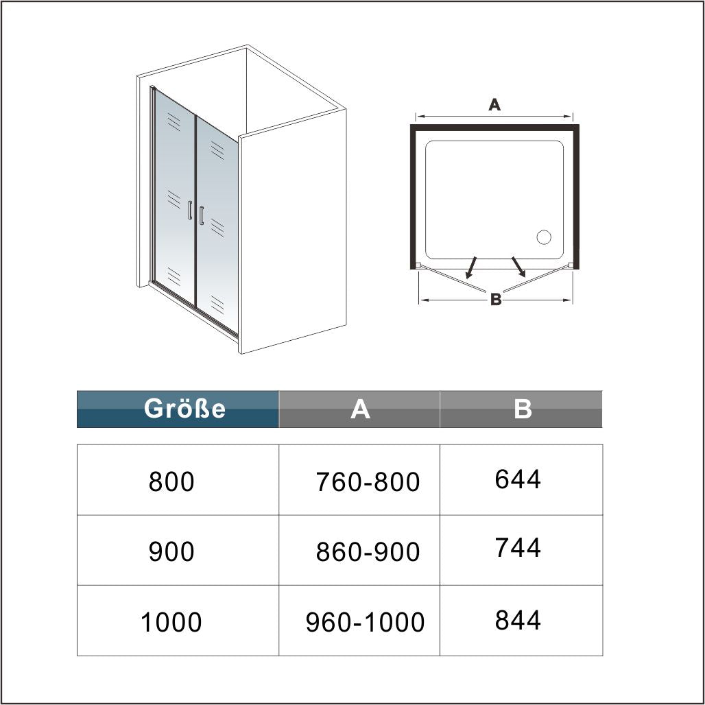 Cabina de ducha de nicho de,dos puertas giratorias, perfiles negros mate,vidrio de seguridad, antical,transparente de 8mm