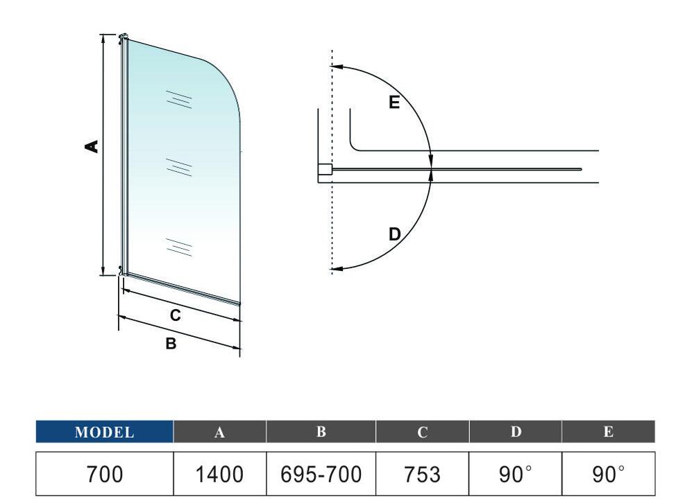 Mampara de bañera Abatible Simple de 1 Hoja 180 grados 70x140cm