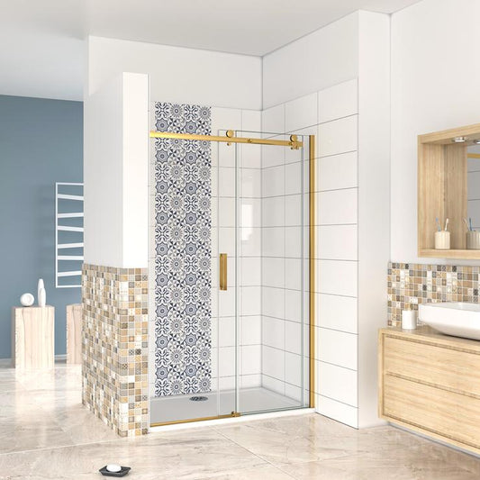 Mampara de ducha corredera fijo+corredera 120x195cm,doble rodamiento, cristal templado 8 mm con tratamiento antical, perfil dorado