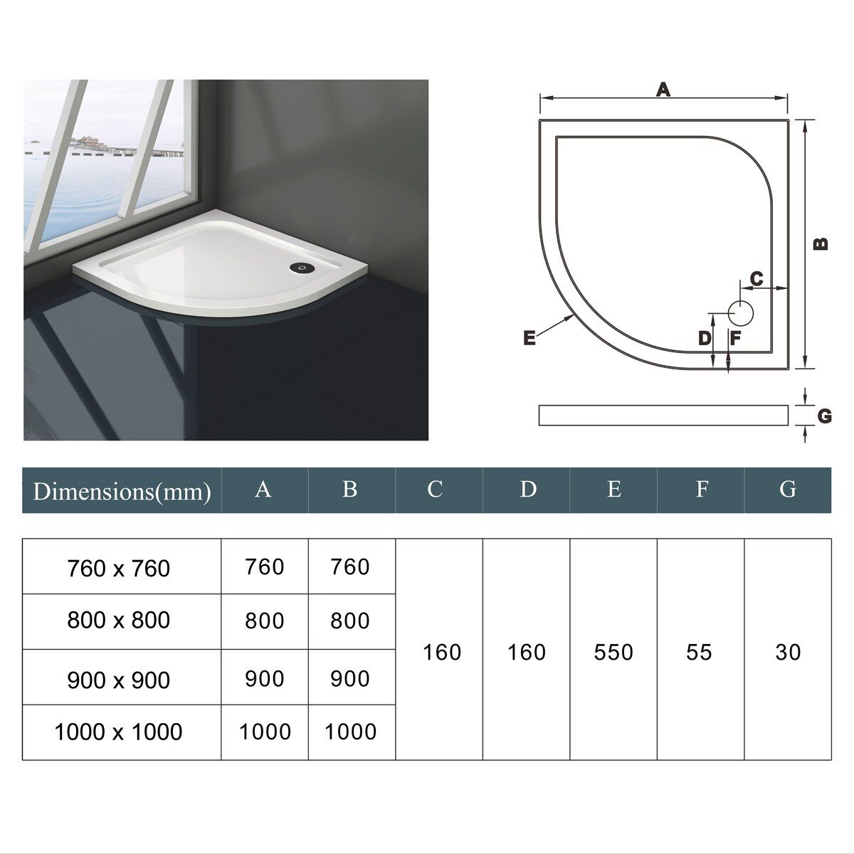 Plato de ducha Resina Blanco, Extraplano, Semicircular 90x90cm