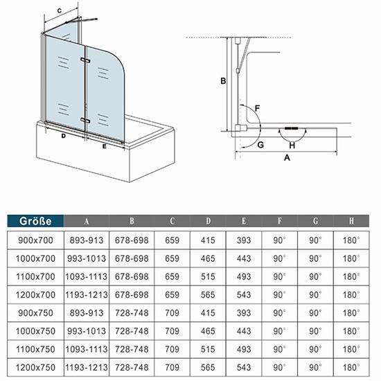 Mamparas de Bañera Cristal Plegable 2 Hojas Pivotante 6mm Antical Con Pantalla Fija